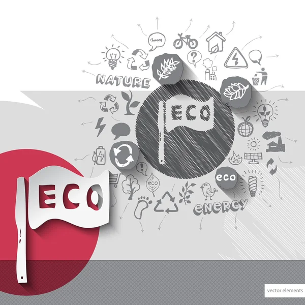 Paper and hand drawn eco emblem with icons background — Stock Vector