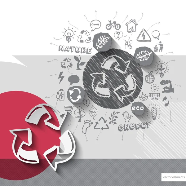 Emblema di riciclaggio disegnato a mano e carta con sfondo icone — Vettoriale Stock