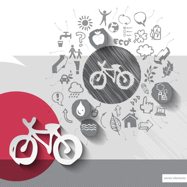 Emblema bici disegnato a mano e carta con sfondo icone — Vettoriale Stock