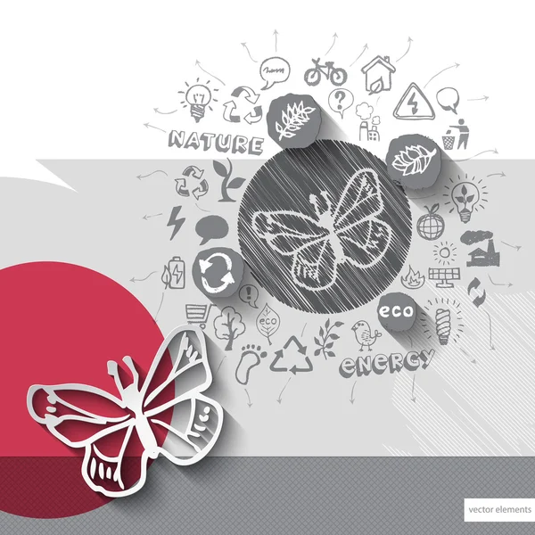 Papel e mão desenhado emblema borboleta com ícones de fundo — Vetor de Stock