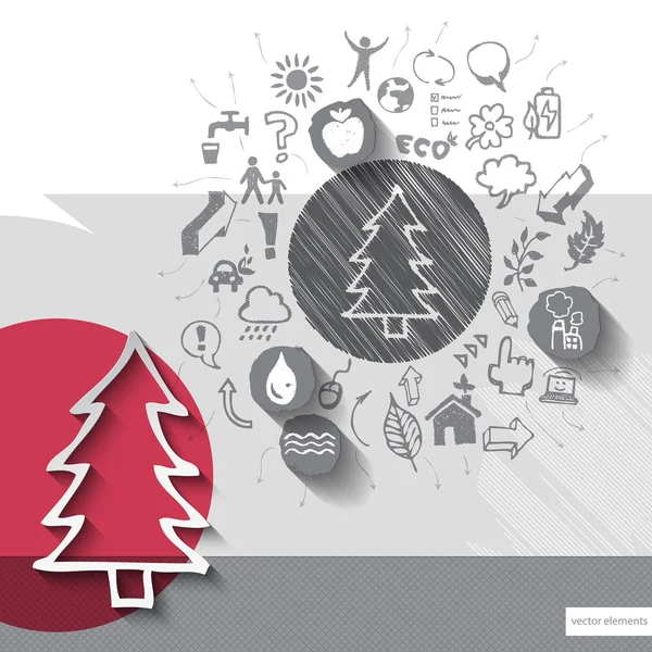 Emblema di carta e albero disegnato a mano con sfondo icone — Vettoriale Stock