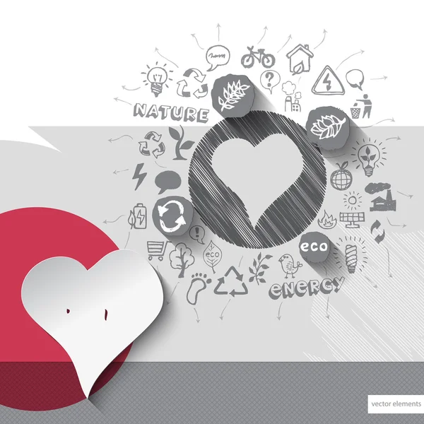 Paper and hand drawn heart emblem with icons background — Stock Vector