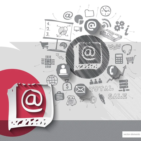 Emblème papier et courrier dessiné à la main avec fond d'icônes — Image vectorielle