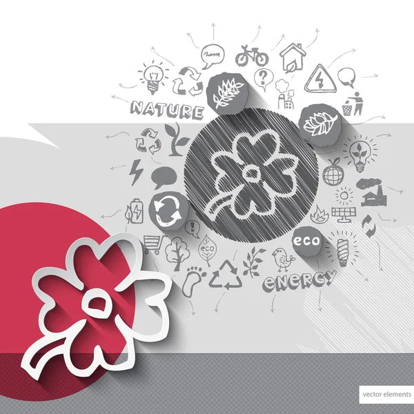 Papier und handgezeichnetes Blumen-Emblem mit Symbolen Hintergrund Stockillustration