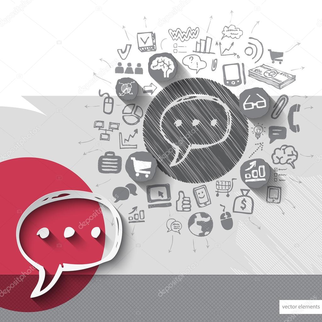 Paper and hand drawn speech bubble emblem with icons background