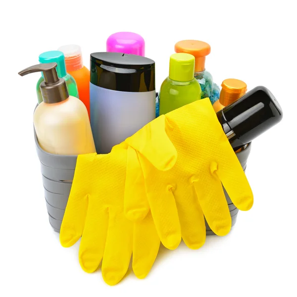 Household chemicals and protective gloves isolated on white back — Stock Photo, Image