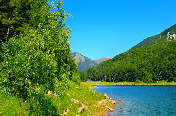 Lac pittoresque, montagnes et ciel bleu — Photo
