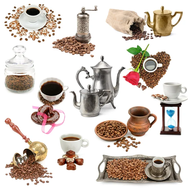 Kolaż z ziaren kawy i przybory kuchenne — Zdjęcie stockowe