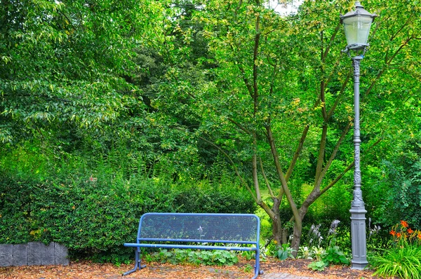 Summer park, bench and street lamp — Stock Photo, Image