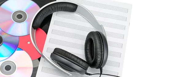 Stereo Headphones Cds Retro Vinyl Disc Isolated White Background Modern — Stock Photo, Image
