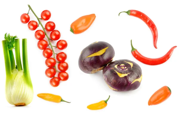 Cherry Rajčata Chilli Papričky Kedlubny Fenyklová Cibule Izolované Bílém Pozadí — Stock fotografie