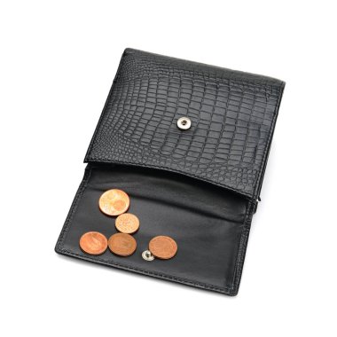 Beyaz arka planda izole edilmiş avro sentleri olan siyah deri cüzdan. İş konsepti.