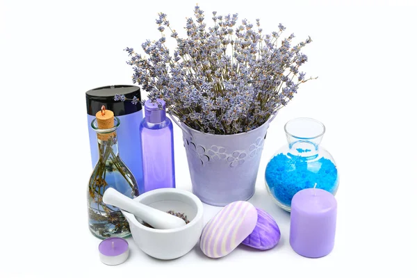 Muestras Productos Belleza Con Lavanda Fresca Seca Púrpura Azul Sales Fotos de stock libres de derechos