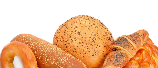 Chléb Pekařské Výrobky Izolované Bílém Pozadí Široká Fotografie — Stock fotografie