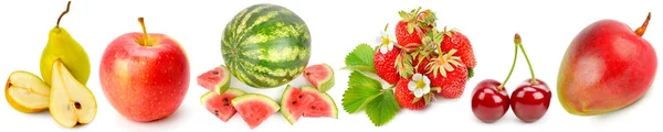 Pear Apple Watermelon Strawberry Cherry Mango Isolated White Background Collage — Stockfoto