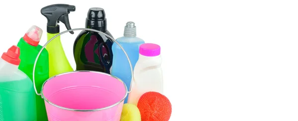 Collection Various Household Cleaning Products Isolated White Background Free Space — Stock Photo, Image