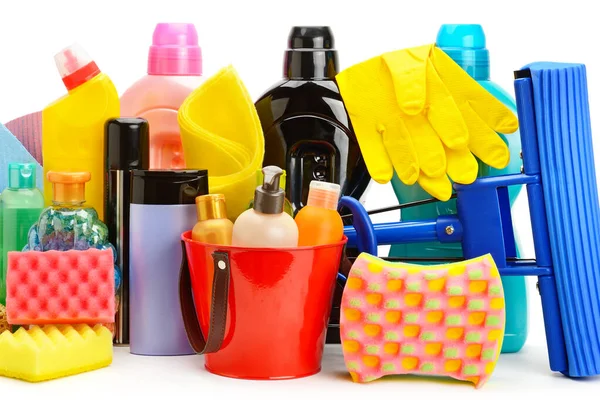 Collection Various Household Cleaning Products Isolated White Background — Stock Photo, Image