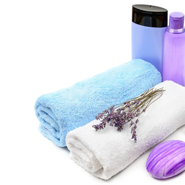 Body Care Products Lavender Oil Cream Soap Bath Towels Dried — Stock Photo, Image