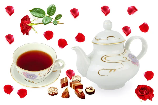 白を基調としたお茶 ティーポット お菓子のカップ コラージュ — ストック写真