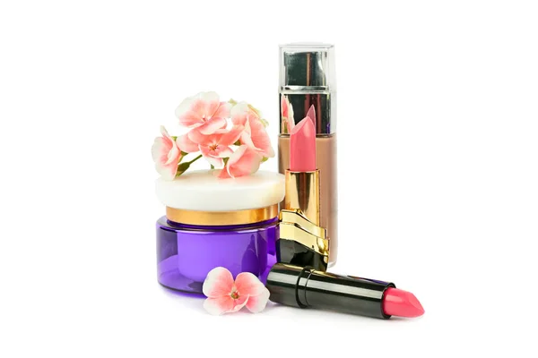 Gezichtscrème Set Lippenstift Poeder Geïsoleerd Witte Achtergrond — Stockfoto