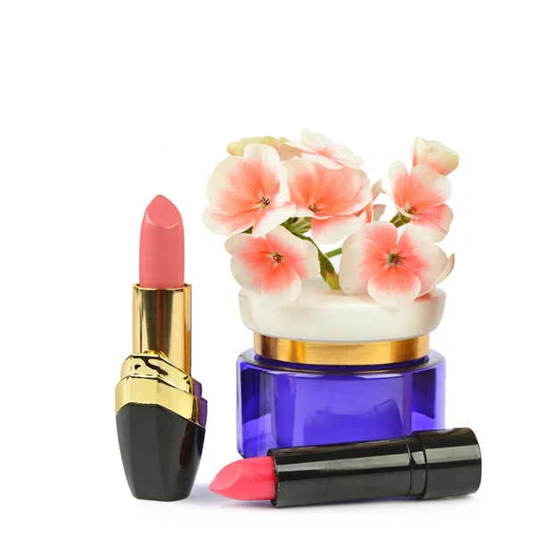 Cosmetische Gezichtscrème Lippenstift Geïsoleerd Witte Achtergrond — Stockfoto