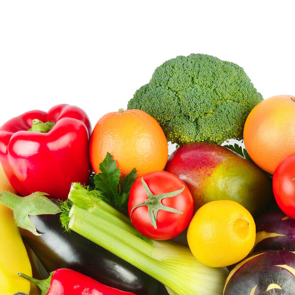 Vegetables and fruits isolated on a white background. Free space for text.