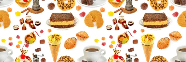 Seamless pattern. Coffee, ice cream, pastries, jelly and chocolate candies isolated on white background. Wide photo.