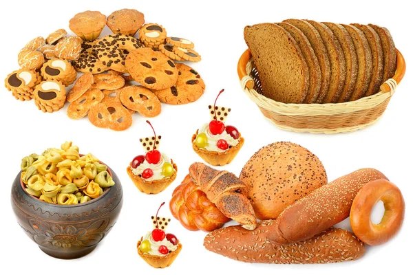 Skład Chleba Różnych Produktów Piekarniczych Izolowanych Białym Tle Kolaż — Zdjęcie stockowe