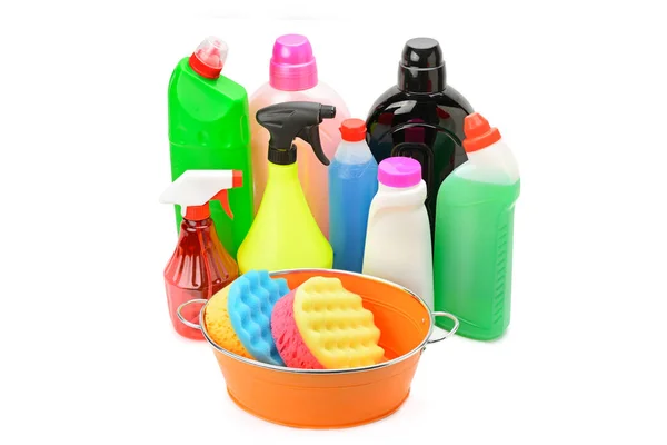 Collection Various Household Cleaning Products Isolated White Background — Stock Photo, Image