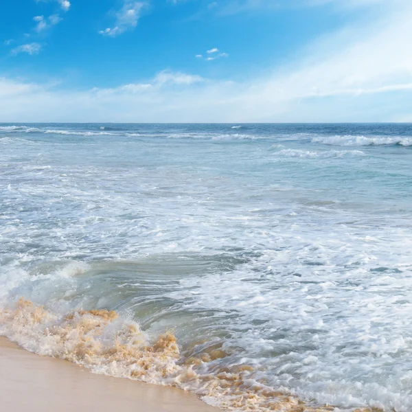 Océano, playa de arena y cielo azul —  Fotos de Stock