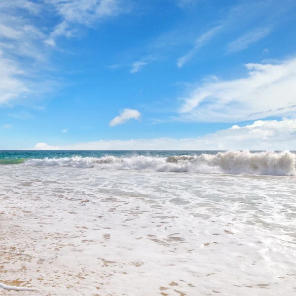 Océano, playa de arena y cielo azul —  Fotos de Stock