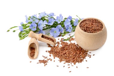 çiçekler ve beyaz bir arka plan üzerinde izole flaxseeds