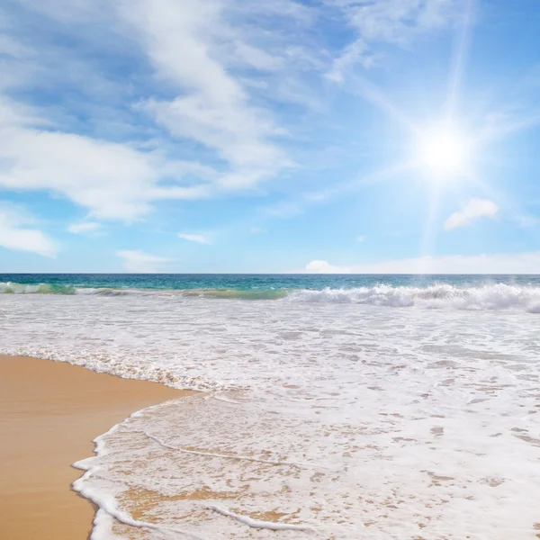 Océano, playa de arena y cielo azul —  Fotos de Stock