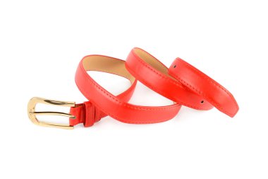 A vibrant, bright red leather belt with a shiny gold-tone buckle is artfully curled and presented on a clean white background. This high-key studio shot is ideal for fashion, retail, and e-commerce product advertising, offering excellent surrounding 