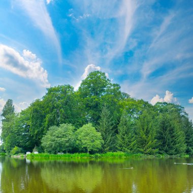Kayın ve köknar da dahil olmak üzere çeşitli ağaçlardan oluşan sık ve yeşil bir ada parlak mavi bir gökyüzünün altında parlak bulutlarla görkemli bir şekilde duruyor. Çarpıcı yansıma ve bereketli yaz yeşilliği güzel, sakin bir doğa sahnesi yaratır..