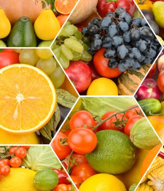 Canlı, mozaik tarzı kolaj, üzüm, portakal, domates ve avokado da dahil olmak üzere çeşitli renkli meyve ve sebzelerin yakın çekim bolluğu içerir. Görüntü, yüksek etkili görsel cazibeyle sağlık, taze üretim ve besinleri temsil etmektedir..