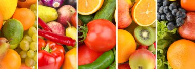 Canlı, olgun meyve ve sebzelerden oluşan renkli bir pano görüntüsü sergiliyor. Bu arka plan beslenme ve beslenme kavramları için sağlıklı yeme, bolluk ve doğal besin çeşitliliğini vurgular.