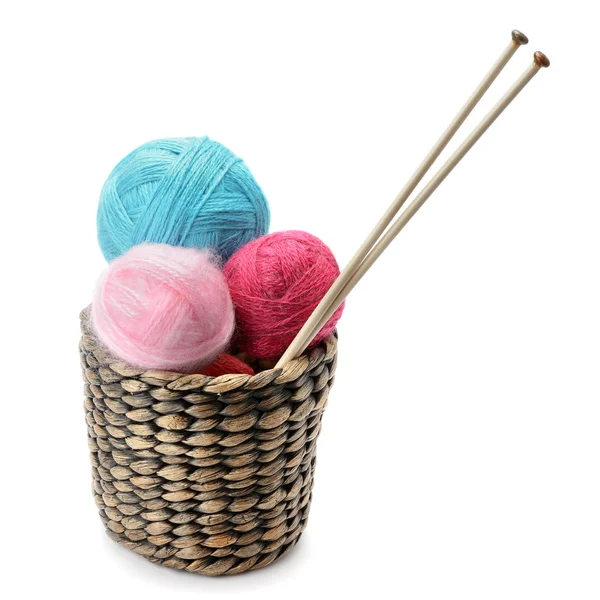 Balls of wool and knitting needles isolated on a white backgroun — Stock Photo, Image