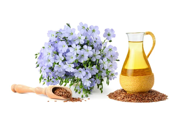 Seed oil and flax flowers — Stock Photo, Image