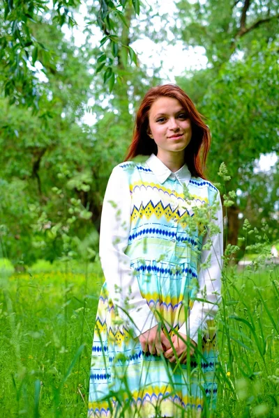 Pigen i en sommerskov - Stock-foto