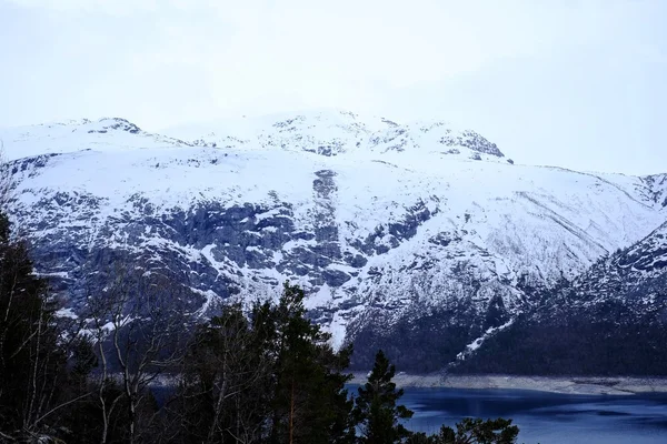 Panorama du lac et des montagnes enneigées — Photo