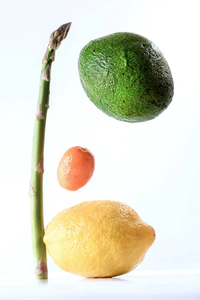 Lemon Kumquat Avocado Levitating White Background Close Still Life Photography — Stock Photo, Image