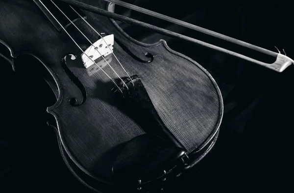 Violino Con Arco Violino Fondo Nero Primo Piano Isolato — Foto Stock