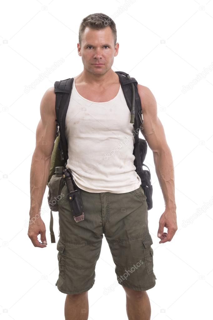 Adventurous male hiker on white background