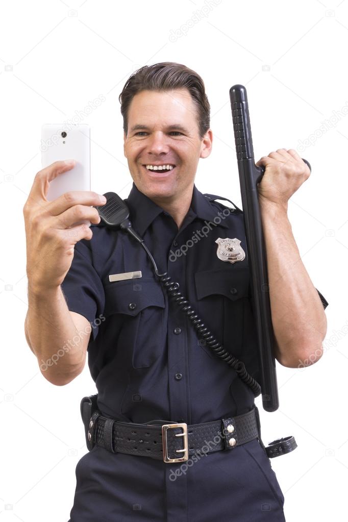 Silly cop taking selfie with baton