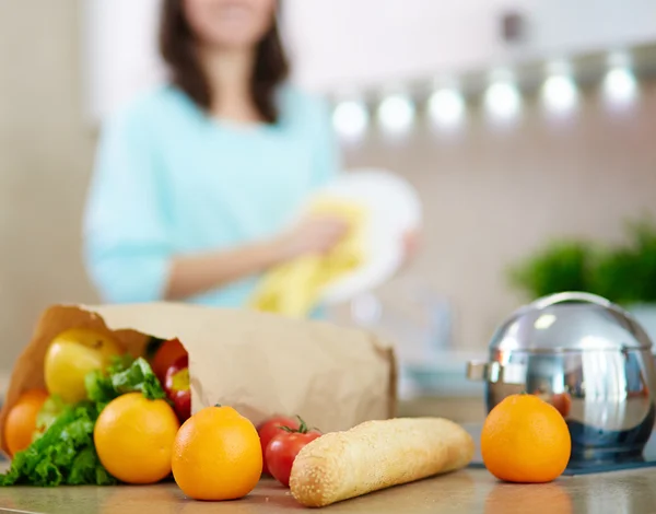 Fruits, vegetables and fresh bread — Stock Photo, Image