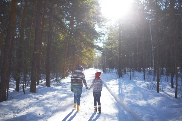 Paar wandelen in winter woud — Stockfoto