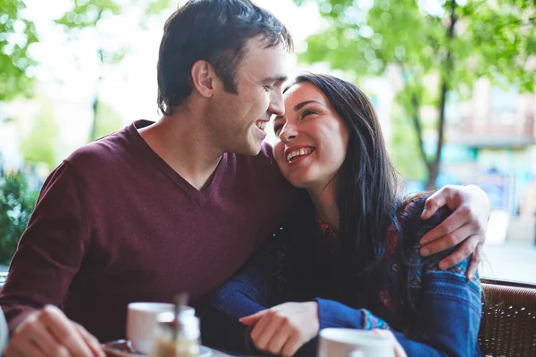 Joyful couple in cafe — Stock Photo, Image