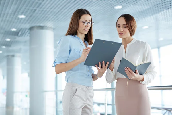 Partner diskutieren Dokumente — Stockfoto