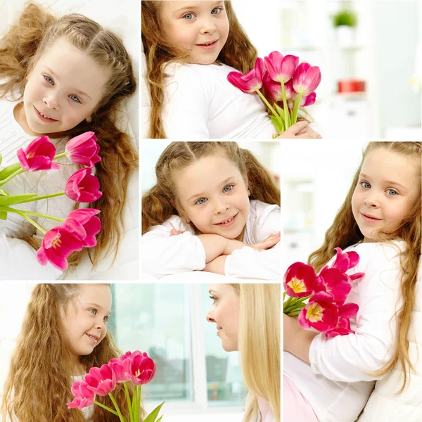 Tjej med vackra blommor — Stockfoto